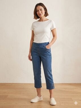 Women’s Crop Button-Hem Pull On Jeans in Blue